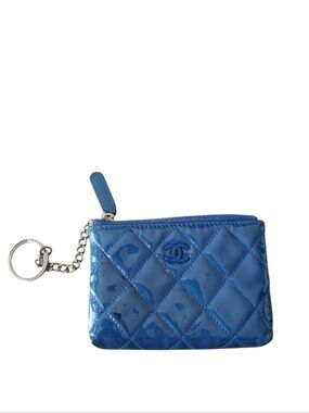 CHANEL Blue Patent Leather Coin Card Keyholder Pouch